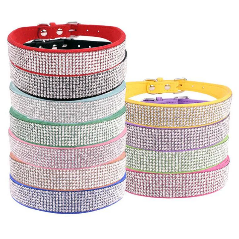 Bling Rhinestone Pet Collars Fashion Velvet Microfiber Dog Leash Multiple Rows Crystal Diamond Designer Dog Collar Pets Supplies