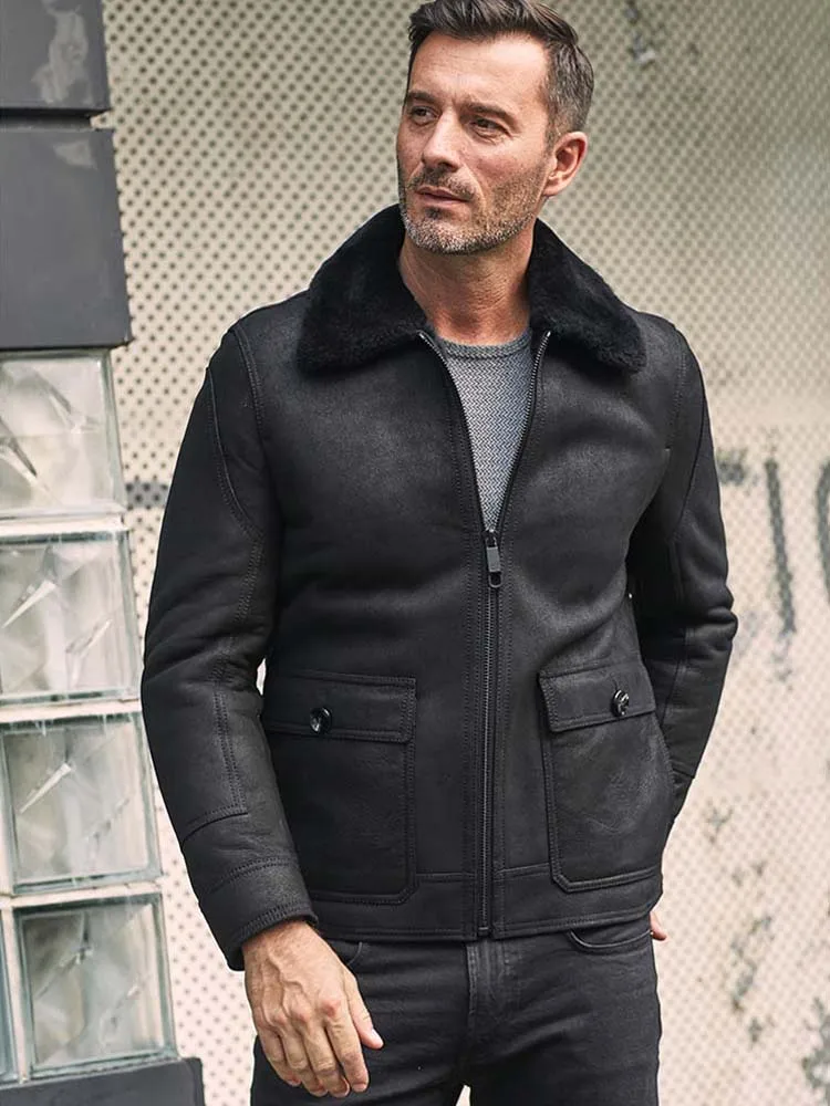 

New Mens Shearling Coat Short Fur Jacket Natural Sheepskin Overcoat Lapel Casual Winter Outwear