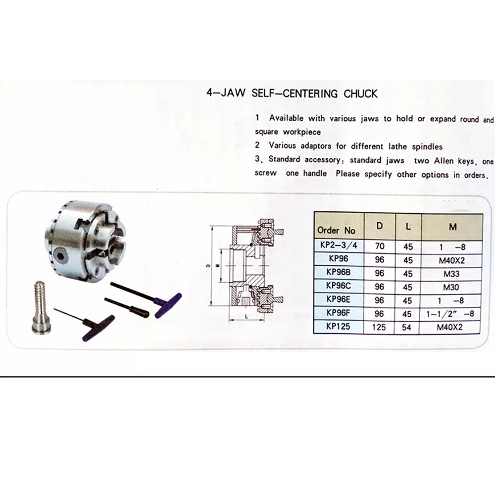 KP96 4-Jaw Self-Centering Chuck For Wood Lathe High Precision Woodworking Chuck 4 Inch 100MM Thread M33*3.5 Clamping 8-60MM