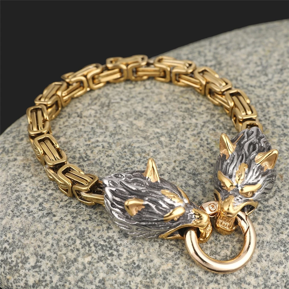 Norse Viking Celtic Wolf Head Bracelet Men Stainless Steel Odin Wolf Bangle Amulet Never Fade Gold Color King Chain Rock Jewelry