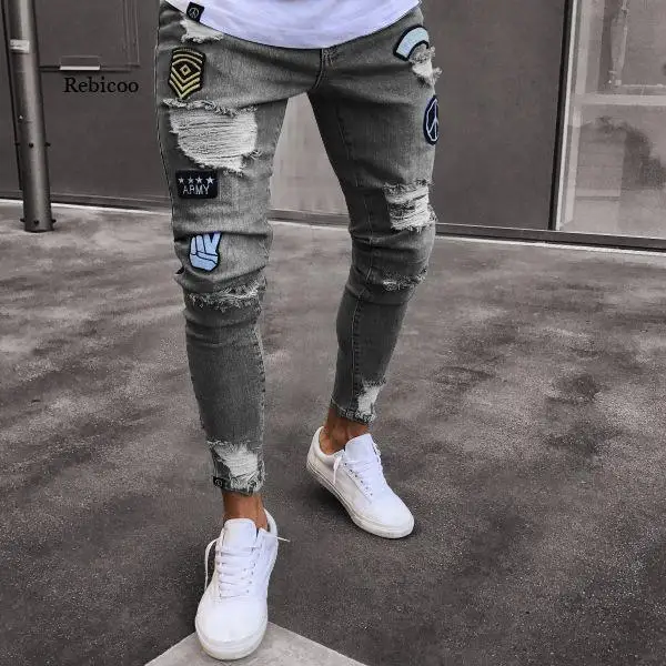 Männer Stepp Bestickte Jeans Skinny Jeans Zerrissene Grid Stretch Denim Hosen Mann Elastische Taille Patchwork Jogging Denim Hosen