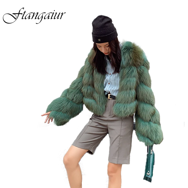 Ftangaiur Winter Import Fox Fur Coat O-Neck Light Color Flare Sleeve Female Fox Coats Medium Natural Fur Slim Fox Fur Coats