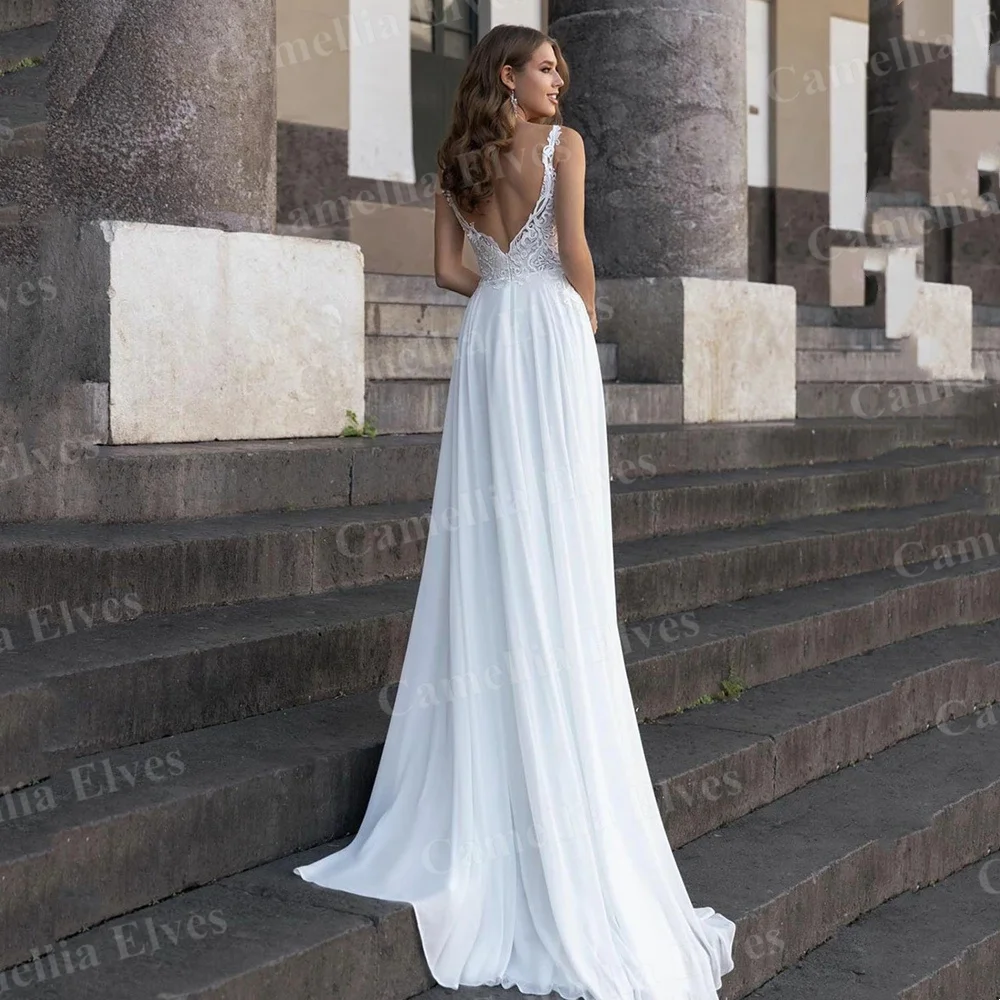 Prosta szyfonowa koronkowa linia suknie ślubne 2022 dla kobiet plaża Boho Bride suknie aplikacje Backless suknia ślubna Robe De Mariée