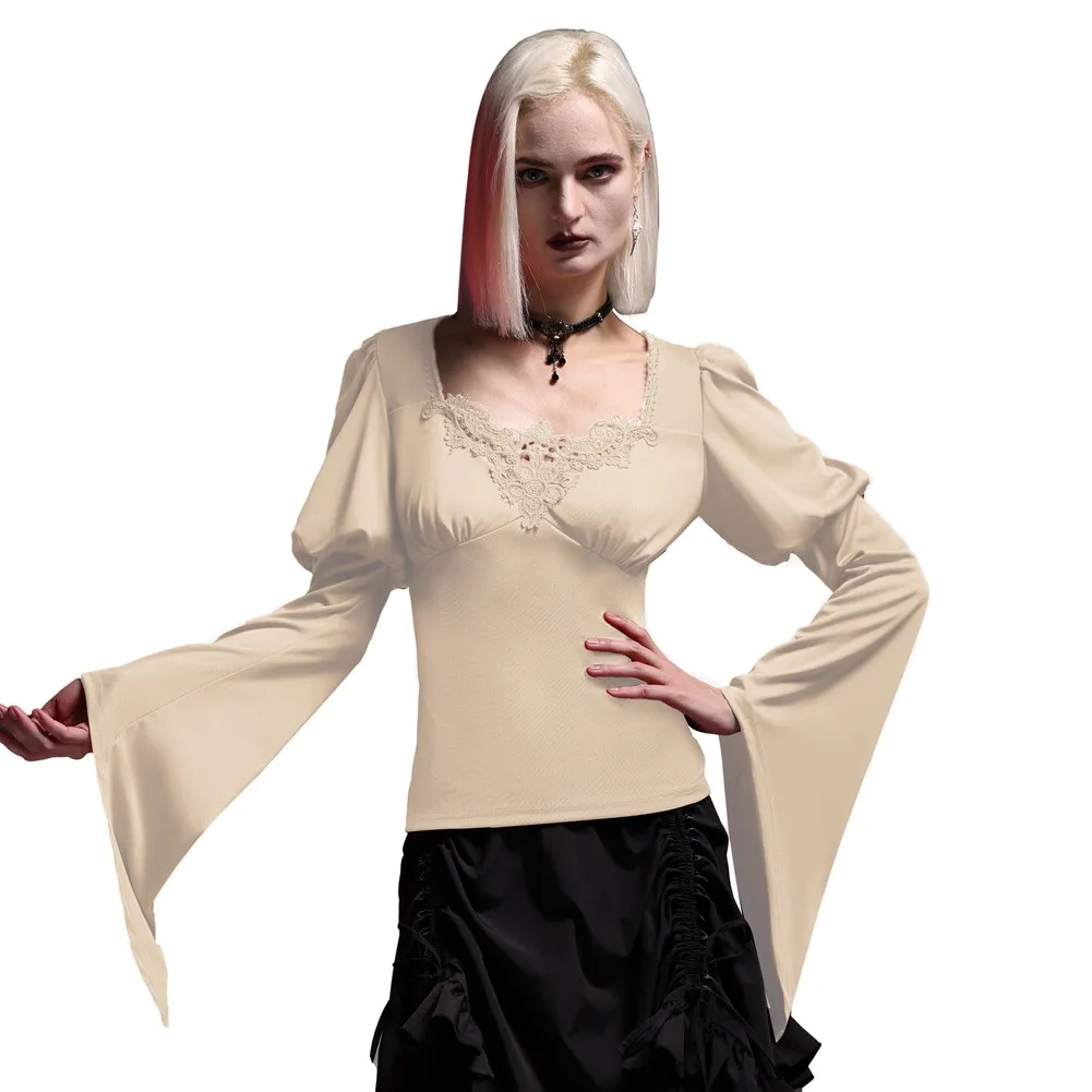 Women Gothic Blouses Puffed Sleeve Tops Spring Fall Clothes Long Sleeve Square Neck Lace Decorated Tops Renaissance Punk Shirt