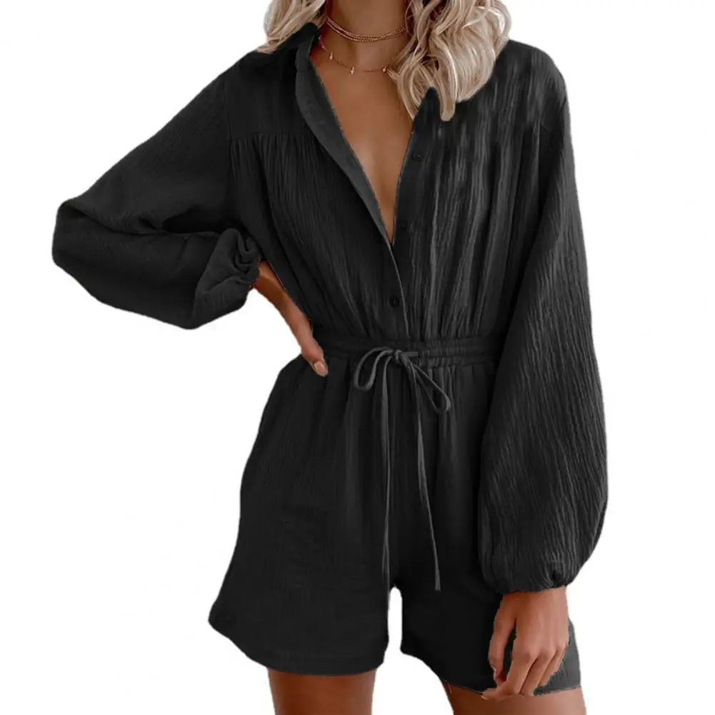 

Women Jumpsuit Long Sleeve Drawstring One-Piece Single-breasted Lapel Pockets Romper for Daily Wear Playsuits Fashion Rompers