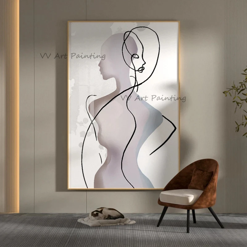 100% Hand Painted Canvas, Minimal One Line Female Figure Art, Neutral Nude Vertical Wall Decor for Bedroom Tableaux