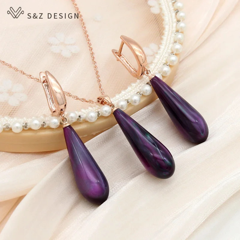 S & Z Design Nieuwe Mode 585 Rose Goud Kleur Water Drop Bengelen Oorbellen Kerst Sieraden Sets Voor Vrouwen Hanger Ketting