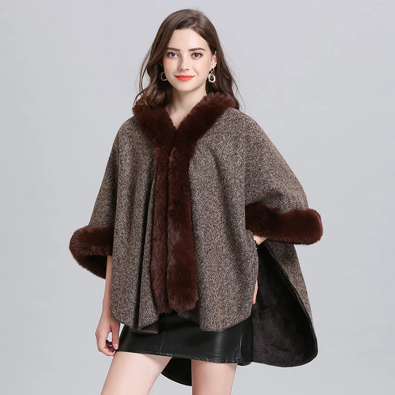 8 Colors Women Knitwear Batwing Sleeves Cardigan Cloak Winter Warm Oversize Capes Long Faux Fox Fur Collar Loose Streetwear Coat