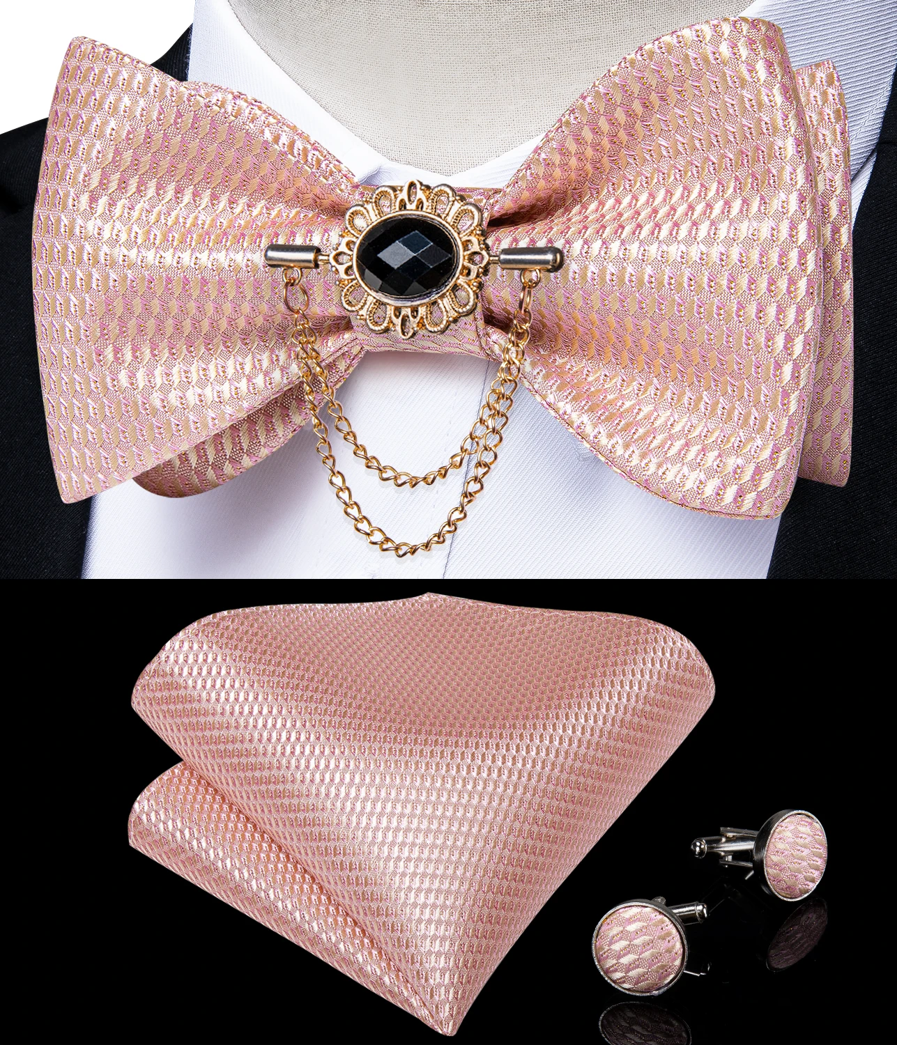 Pink Plaid Solid Men's Self Tie Bow Tie Silk Jacquard Woven Wedding Party Bowtie Hanky Brooch Set Men Butterfly Necktie DiBanGu