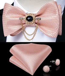 Pink Plaid Solid Men's Self Tie Bow Tie Jacquard Woven Wedding Party Bowtie Hanky Brooch Set Men Butterfly Necktie