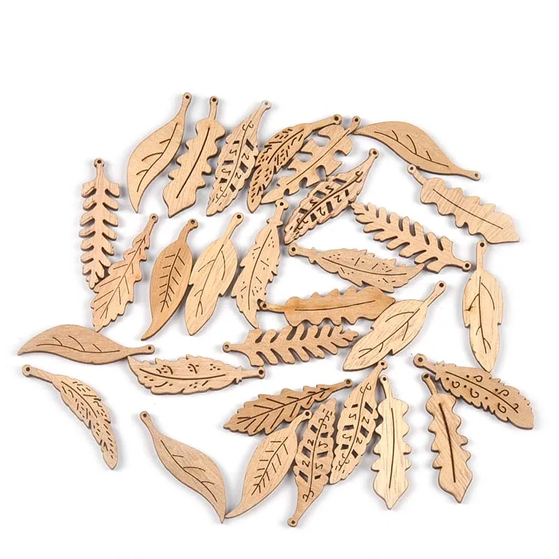 25Pcs 13x45mm Leaf Shape Natural Wood Crafts DIY Scrapbooking Supplies Handmade Accessories Wooden Ornaments Home Decor M2730