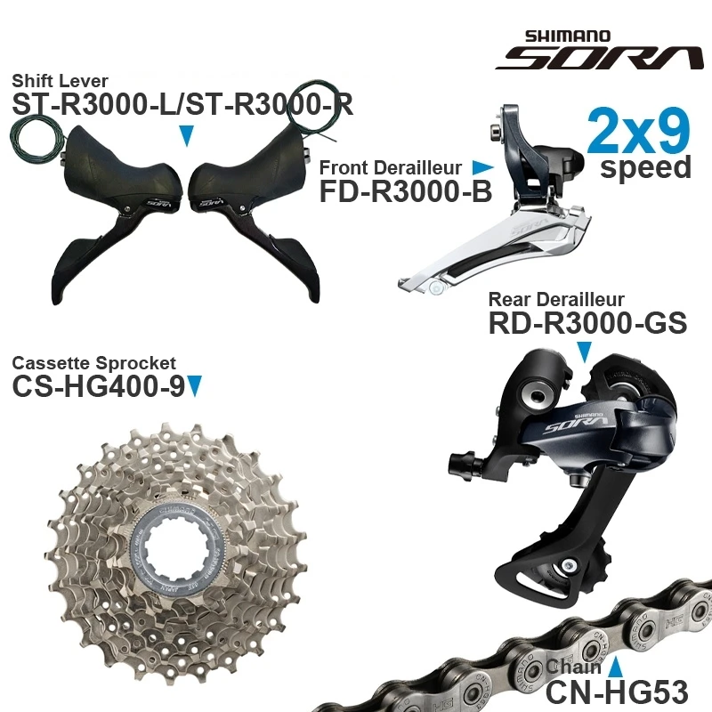 SHIMANO SORA R3000 2x9v Groupset with Shifter  Front Rear Derailleur Cassette Sprocket COG Chain -Road- 2x9-speed