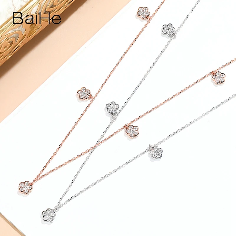 

BAIHE Solid 18K White/Yellow/Rose Gold 0.45ct H/SI Natural Diamond Flower Necklace Women Wedding Fine Jewelry Collar Flores