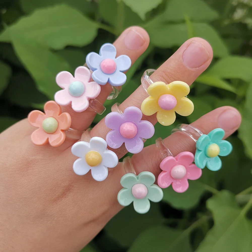 Lost Lady New 2021 Korean Multicolor Flower Rings Cute Finger Rings for Girls Women Jewelry Gift Party Accessories