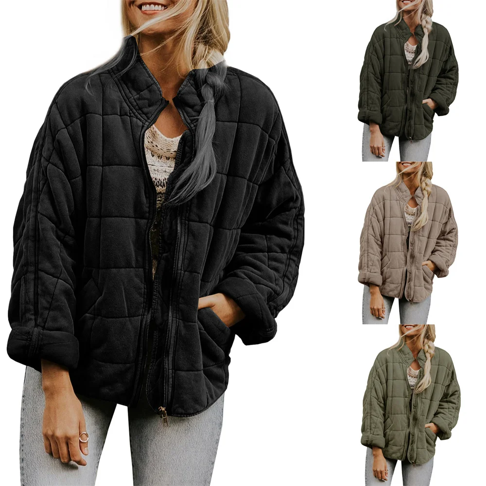 Autumn Winter Women Lightweight Quilted Jackets Coat Stand Neck Long Sleeve Zipper with Pockets Outwear Full Zip Padded Jackets