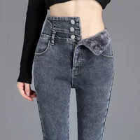 Thermal Winter Thick Fleece High-waist Warm Skinny Jeans Thick Women Stretch Button Pencil Pants Mom Casual Velvet Jeans - Image 5