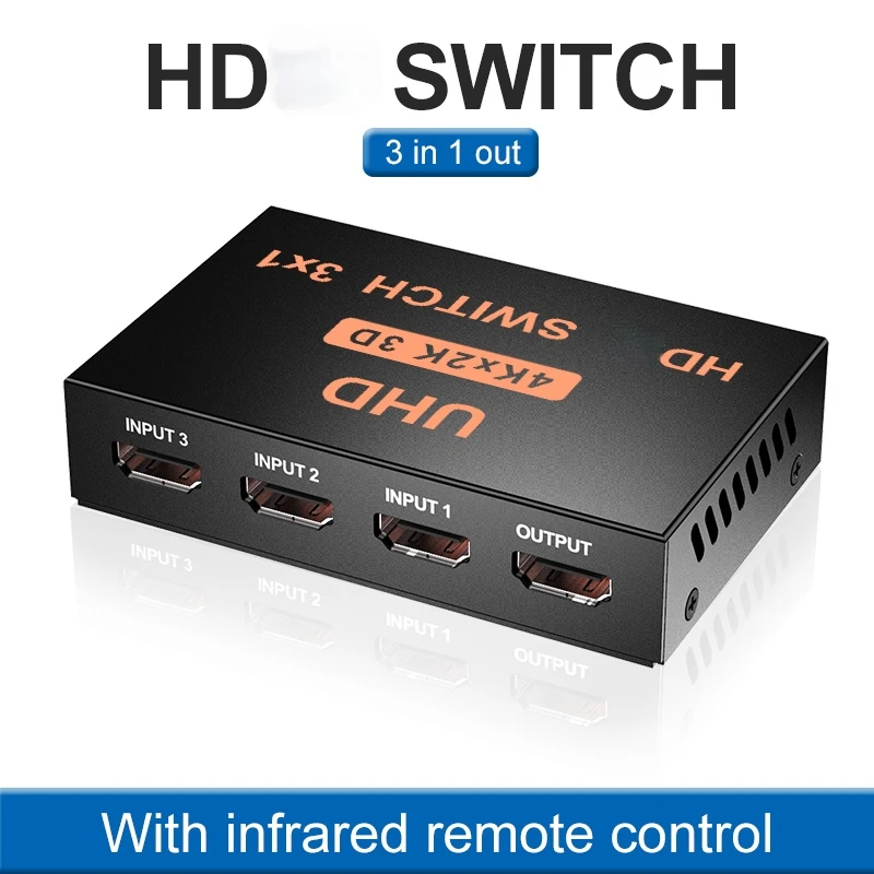 Switcher compatibile HDMI 3 In 1 Out scatola di ferro 4k con telecomando a infrarossi Video HD 3 In 1 Out distributore HD splitter HD