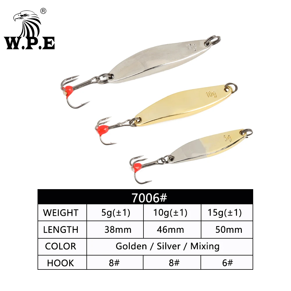 W.P.E Ice Fishing Lure 1pcs 5g/10g/15g/20g Wobbler Pesca Hard Fishing Lure Treble Hook 8#/10#/12# Metal Spoon Lure Balancers