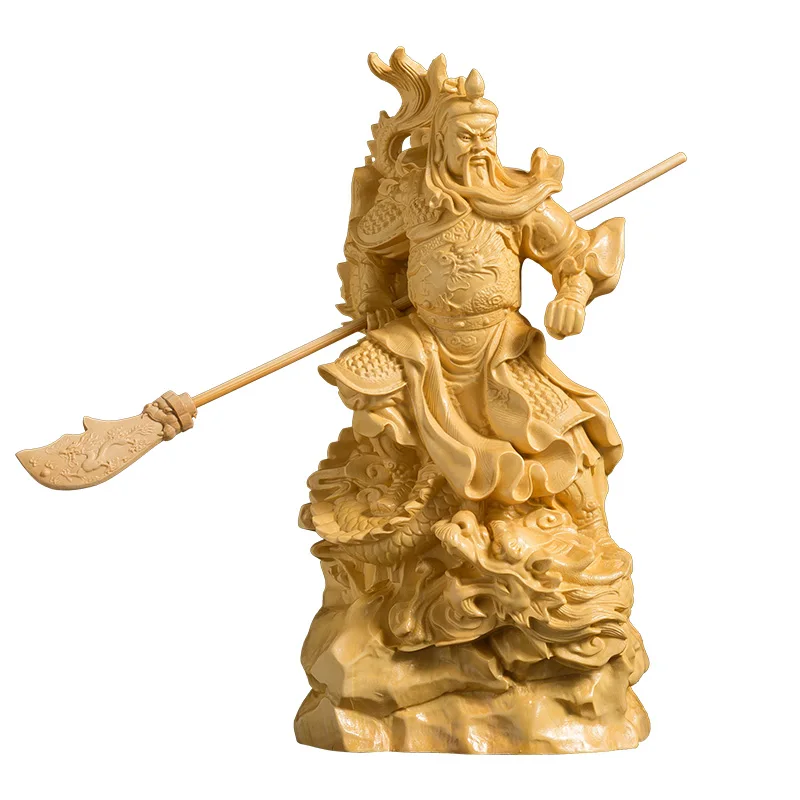 Exquisite Dragon Guan Yu God of War Wooden Statue, Handcrafted Wood Sculpture for Home and Room Decoration