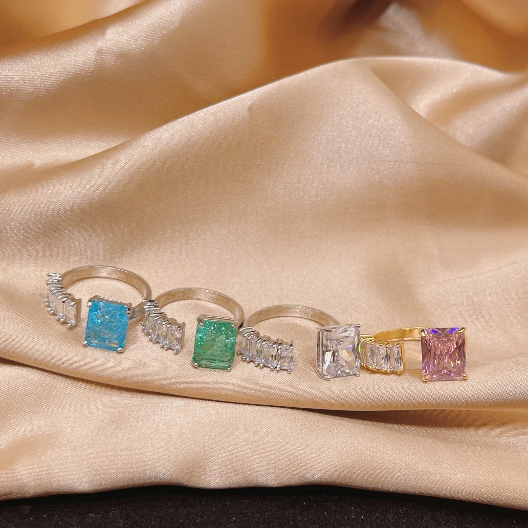 

HIBRIDE Zircons Silver Color Fashion Colorful Square Design Baguette CZ Engagement Rings for Women Accessories bijoux R-283