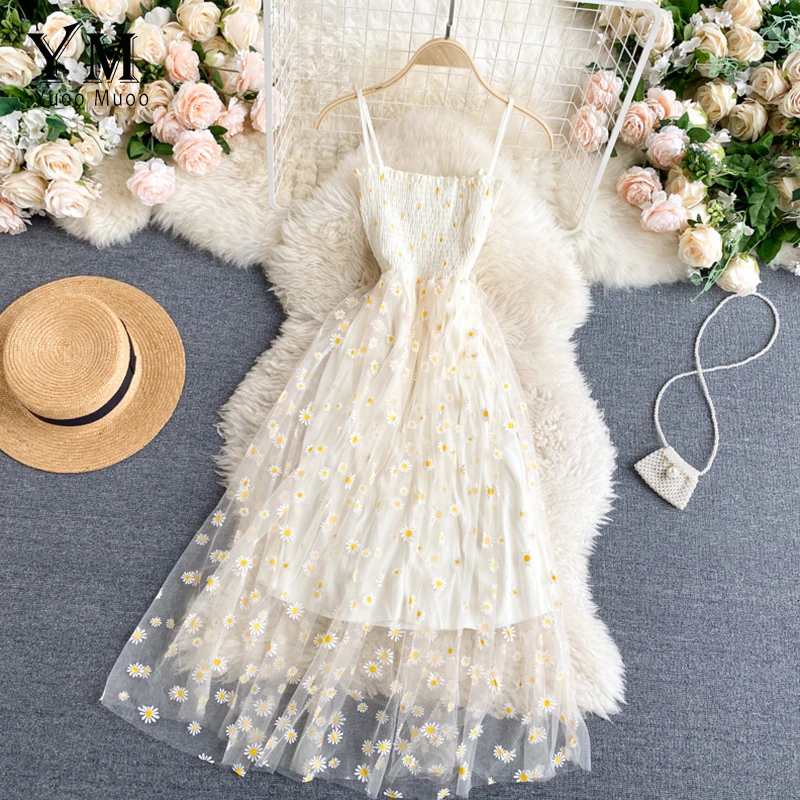 YuooMuoo Vestido de fiesta coreano con estampado de margaritas en malla, dos capas, tirantes finos, para vacaciones de verano, midi, playa