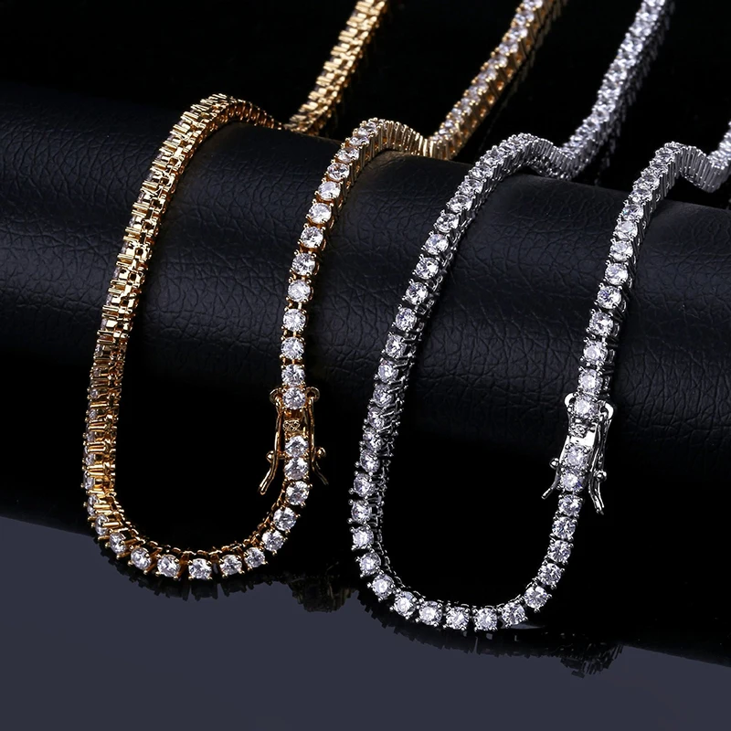 Hiphop Single Row 4mm Zircon Tennis Chain Necklace Men Jewelry Plated Gold Cuban Man Bling Iced Out  Tennis Chain Necklace Gift