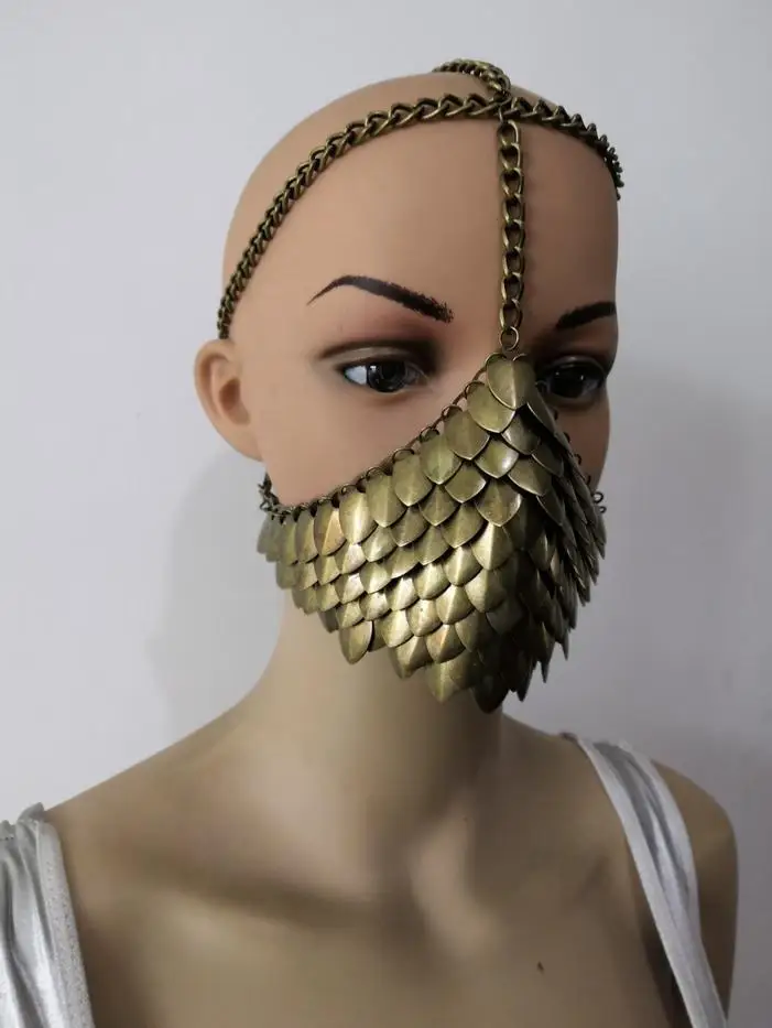 New Style Women Bronze Colour Chains Layers Fish Scale Head Unique Design Face Mask Chains Jewelry WRHE1050