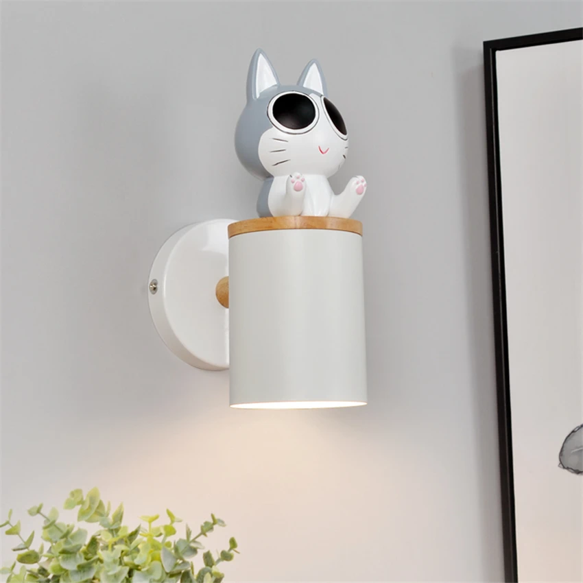 Nordic Cartoon Kitten White Simple Wall Lamp Children's Room Bedroom Bedside Corridor Aisle Bathroom Cute Decorative Wall Lights