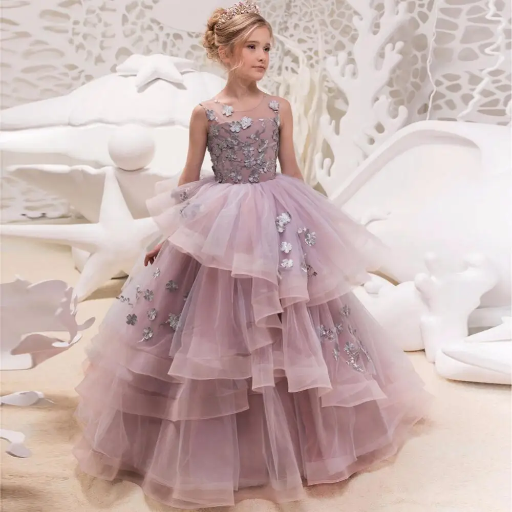 Leuke Kids Party Pageant Jurk O Hals Mouwloos Ruches Tulle Lace Bloem Meisje Jurken Eerste Heilige Communie Jurken