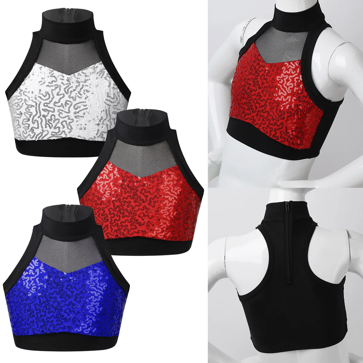 Kids Girls Shiny Sequins Sleeveless Mesh Splice Back Zipper Tanks Tops Crop Top for Dancing Stage Performance Workout