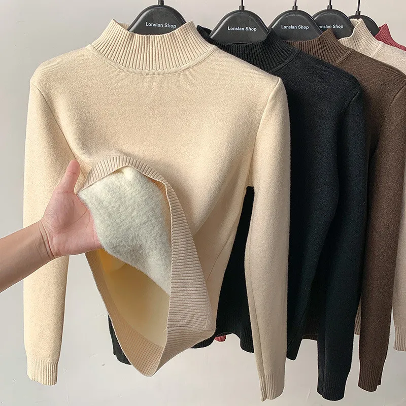 Korean Half Turtleneck Knitted Pullovers Fashion Clothes Woman 2025 Winter Sweater Casual Fleece Lined Warm Knitwear Base Shirt