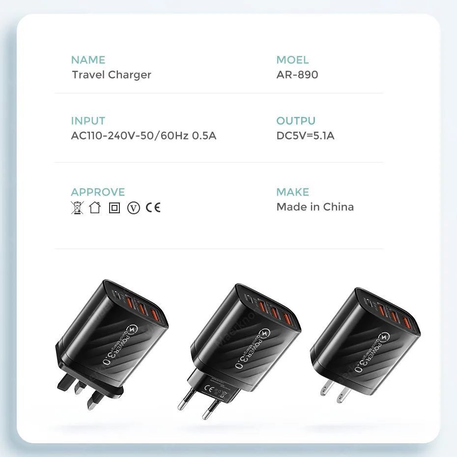 48W USB Charger 4Port Type C Quick Charge QC 3.0 For Samsung Xiaomi mi10 Huawei Charger adapter For Smartphones PD Fast Charging