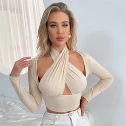 Harajuku Women Strappy Cross Over Front Cut Out Halter Neck Long Sleeve Crop Top Bandage Vest Summer Sexy Hollow Tops Plus Size