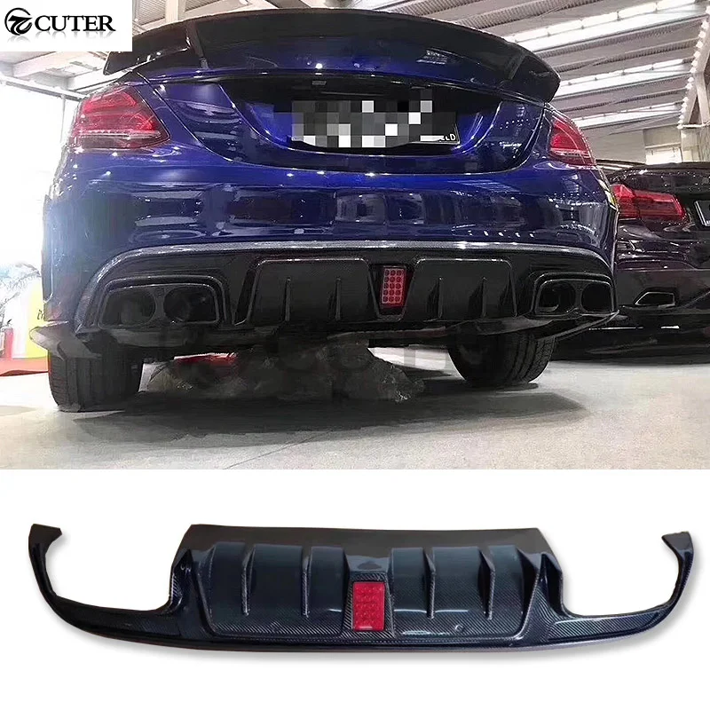 W205 C63 Carbon Fiber Rear Diffuser Back Bumper Four Out with Led Lights Lip for Benz W205 C260 C200 C300 C180 Body Kit 14up