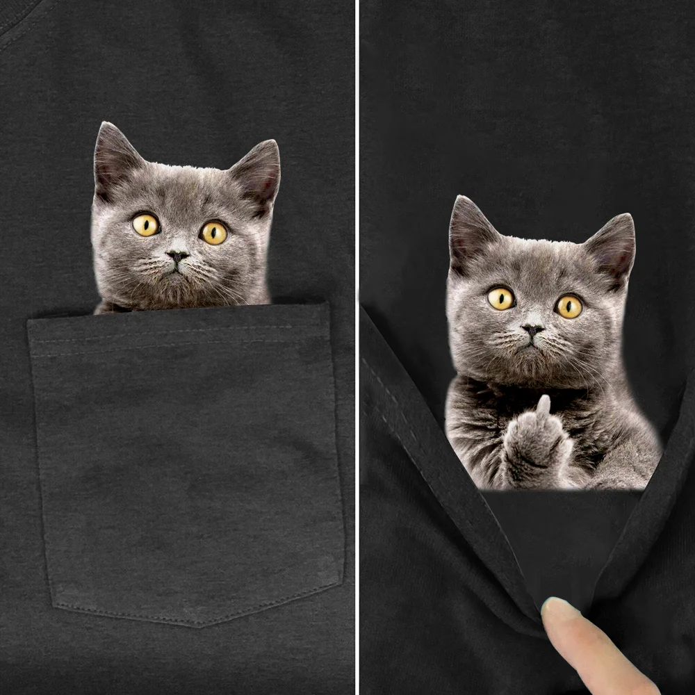 Camiseta de algodón a la moda, nueva camiseta con estampado 3D de gato y dedo medio con bolsillo, camisetas negras de Hip Hop, camisetas divertidas