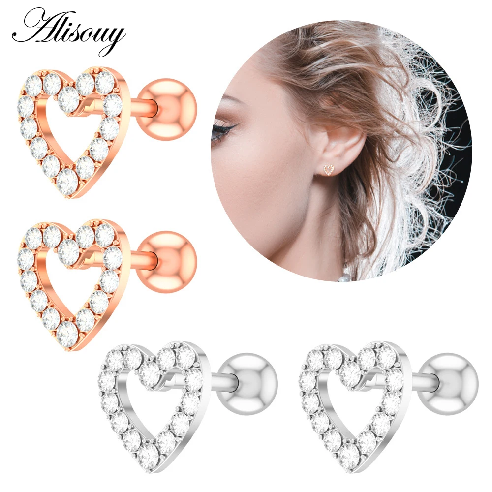 Alisouy 1PC Zircon CZ Leaf Heart Star Flower Ear Studs Cartilage Earring for Women Stainless Steel Small Ear Piercing Jewelry
