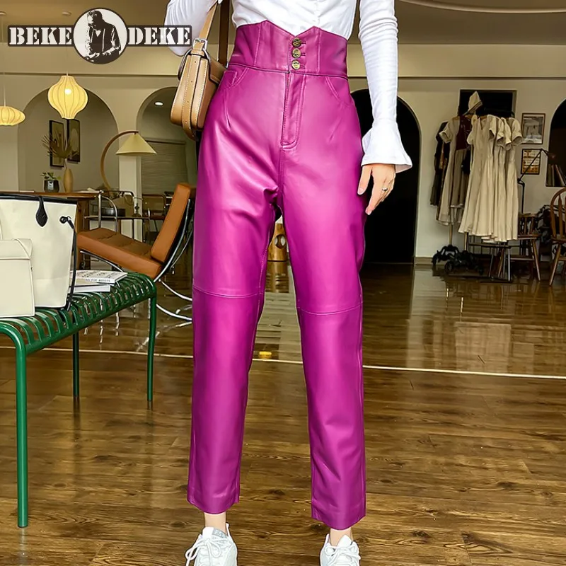 Solid Color Single Breasted High Waist Real Leather Pants Women Straight Pencil Pants Office Ladies Fashion Sheepskin Trousers