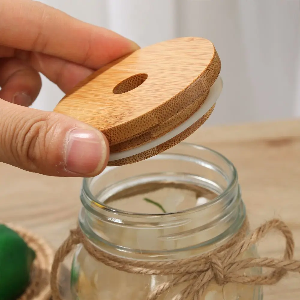 Reusable Storage Bottles Silicone Seal Ring Covers Caps With Straw Hole Wide Mouth Cup Bamboo Wood Lids Mason Jar Lid