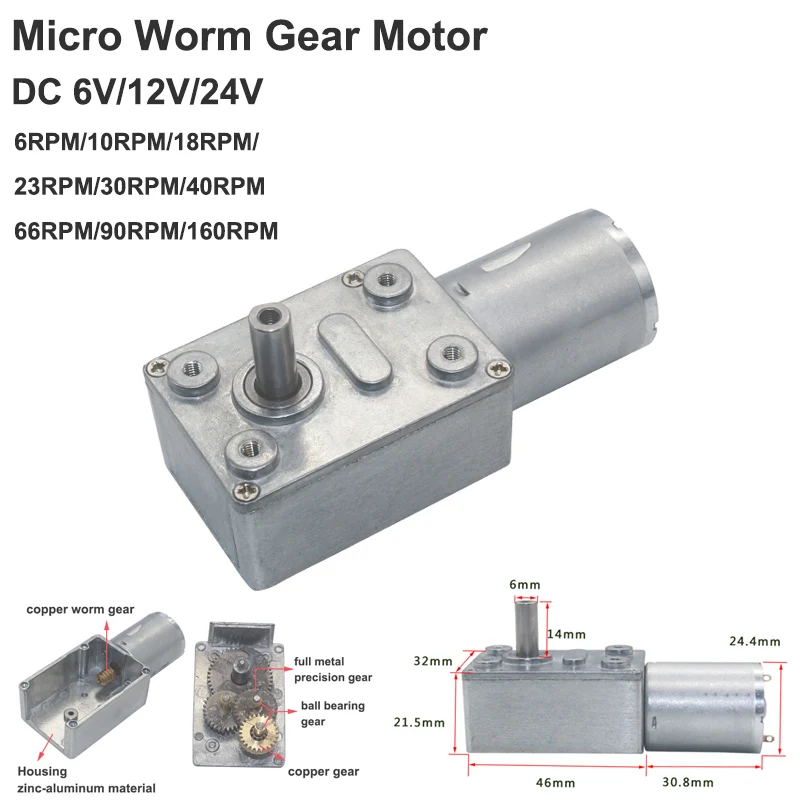 DC 6V/ 12V/ 24V Full Metal Gearbox Turbo Worm Gear Motor 2RPM-160RPM Metal Reduction Gearbox Slow Speed Large Torque