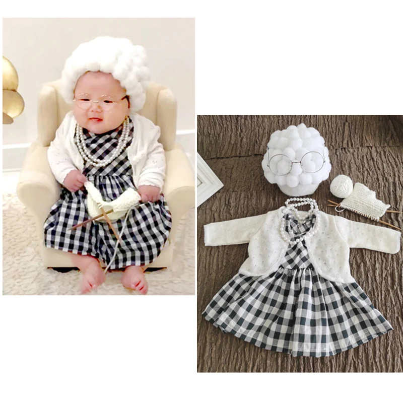 Baby Infant Photography Cotumes Grandma Grandpa\'s Outfits Photo Clothing Sets Old Man Lady Wig Hat Gentleman Cosplay Suit