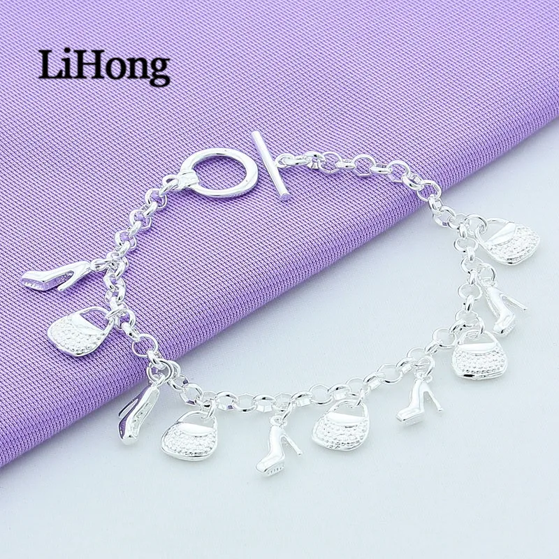 

925 Sterling Silver Bracelet Fashion Shoe Bag Pendant Woman Charm Jewelry Dress Bracelet Gift