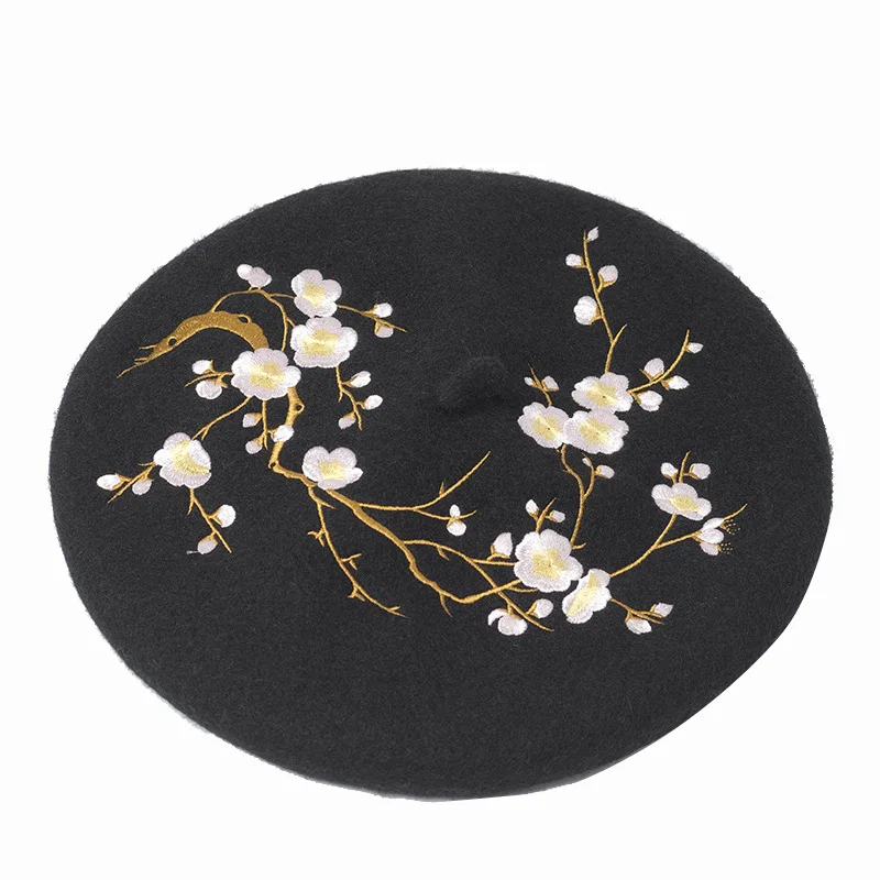 Embroidered Flower Wool Beret Korean Autumn Winter Hats For Women Ladies Painter Cap Vintage Bonnet Beanie Chapeau Femme Gorras