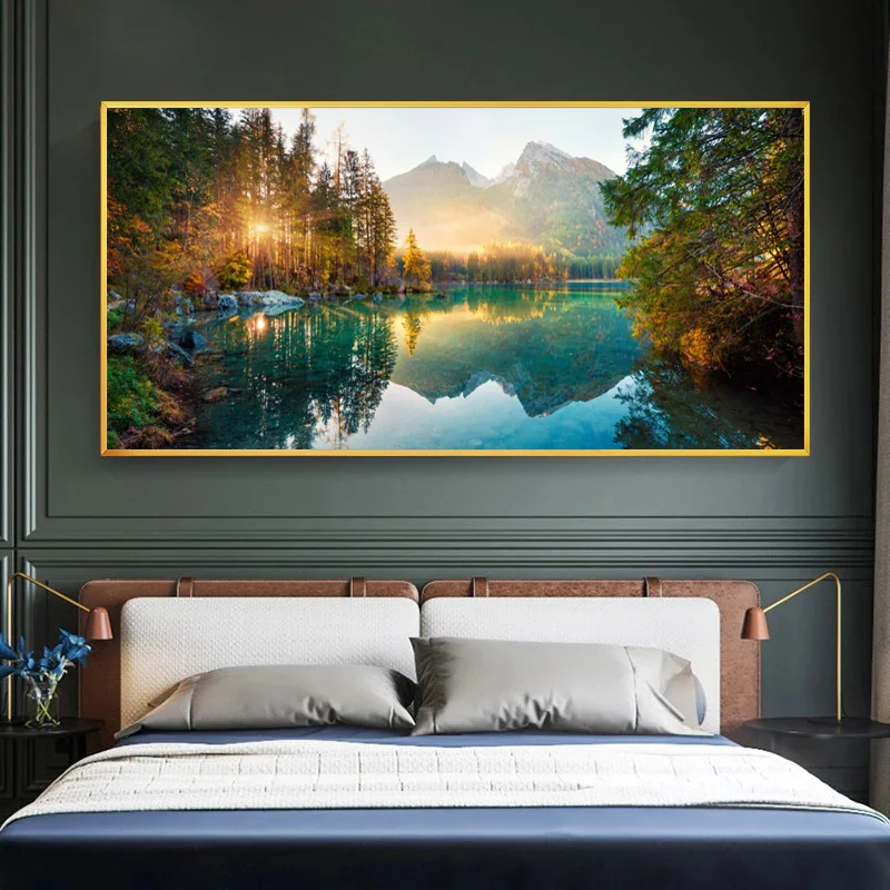 

Modern Posters and Prints Nature Landscape Canvas Painting Sunshine Forest Lake Pictures for Living Bedroom Wall Art Home Decor