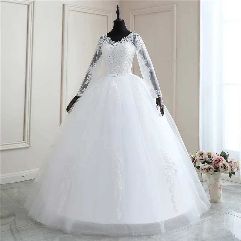 Abito da sposa primaverile personalizzato Manica lunga scollo a V Applicazioni in mussola Off White Vestido De Noiva Abito da sposa taglie forti Principessa