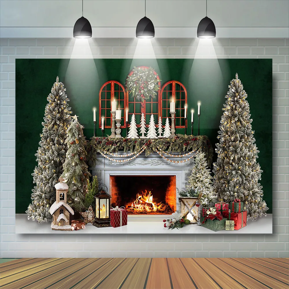 Weihnachts kamin Hintergrund Kinder Baby Fototermin Kind Winter Schneeflocke Dekor Weihnachts bäume Holzfenster Geschenk box Fotostudio