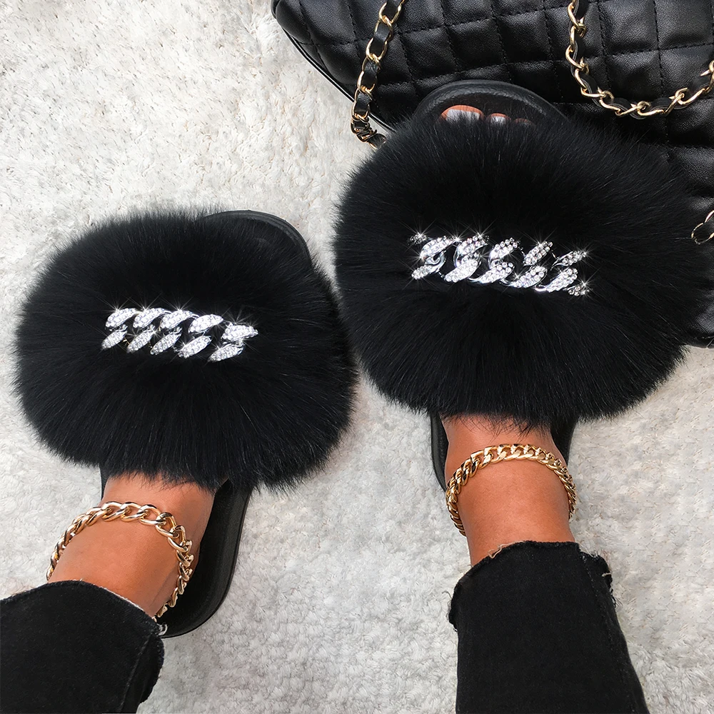 Real Fox Fur Slippers For Women Diamond Chain Furry Fur Slides Fluffy Flip Flops House Plush Beach Flat Slippers Summer Sandals