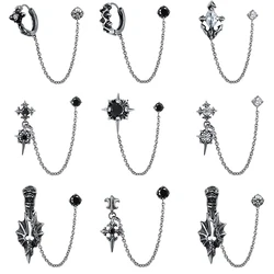 ZS Double Piercing Hole Earring Punk Chain Studs Earring Crystal Ear Studs Gothic Long Earring Piercing Men Skull Drop Earring