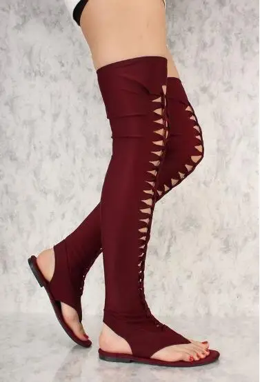 

Summer Woman Burgundy Black Elastic Clip-toe Over The Knee Boots Girls Comfortable Flat Gladiator Cuts Out Long Casual Boots