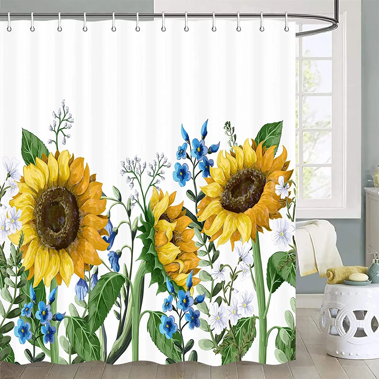 Sunflower Shower Curtain Yellow Flower Green Leaf Farmhouse Floral Botanical Wildflowers Bathroom Decor Fabric Curtains Set