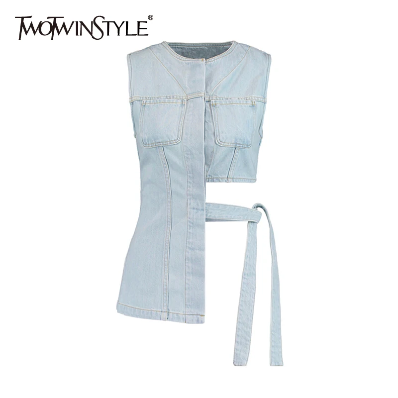 

TWOTWINSTYLE Lace Up Bowknot Denim Vest For Women O Neck Sleeveless Hollow Out Casual Vests Female Fashion New Clothing 2021